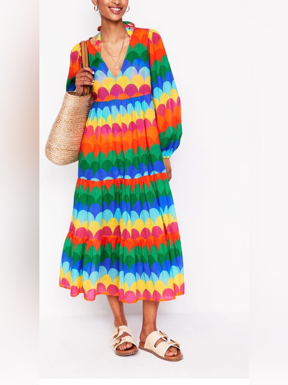 Boden whimsy BoHo Multicolor Scallop-Print V‑Neck cover up swim Maxi Dress